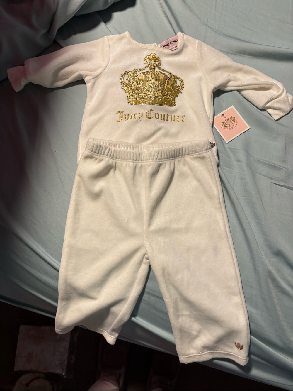 Juicy Couture White Velour One-Piece with Gold Crown Motif